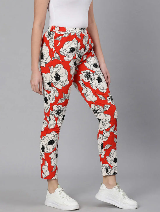 Oscar Red Floral Print Elasticated Women Pant