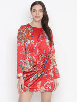 Hot red floral print women wrap dress