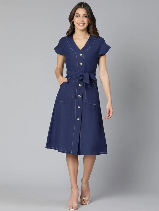 Churlish Blue Linen Blend Meld Women Tie-Knot Dress