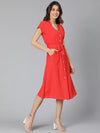 Stickling Red Linen Blend Meld Women Tie-Knot Dress