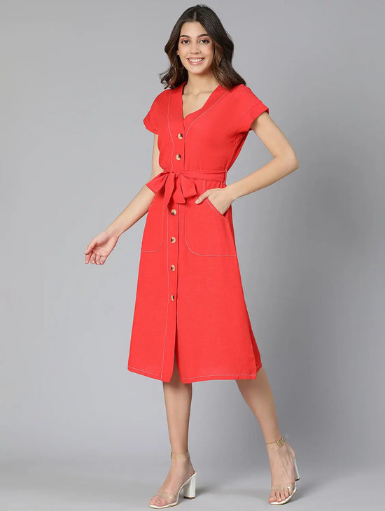 Stickling Red Linen Blend Meld Women Tie-Knot Dress