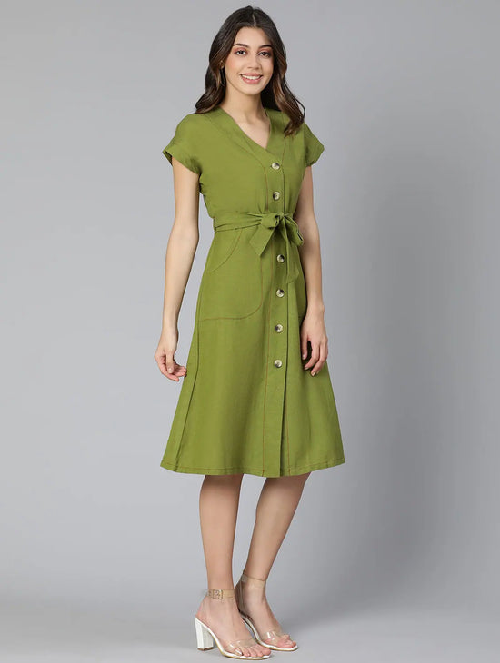 Frezz Khaki Color Linen Blend Meld Women Tie-Knot Dress