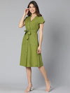 Frezz Khaki Color Linen Blend Meld Women Tie-Knot Dress