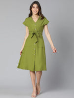 Frezz Khaki Color Linen Blend Meld Women Tie-Knot Dress