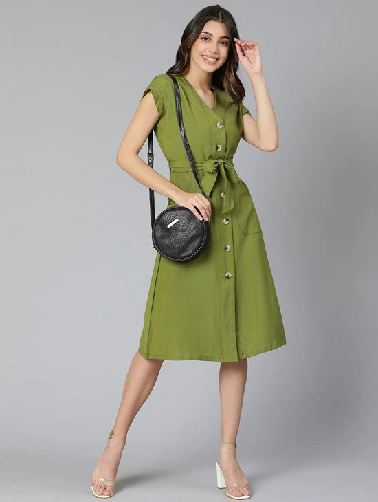 Frezz Khaki Color Linen Blend Meld Women Tie-Knot Dress