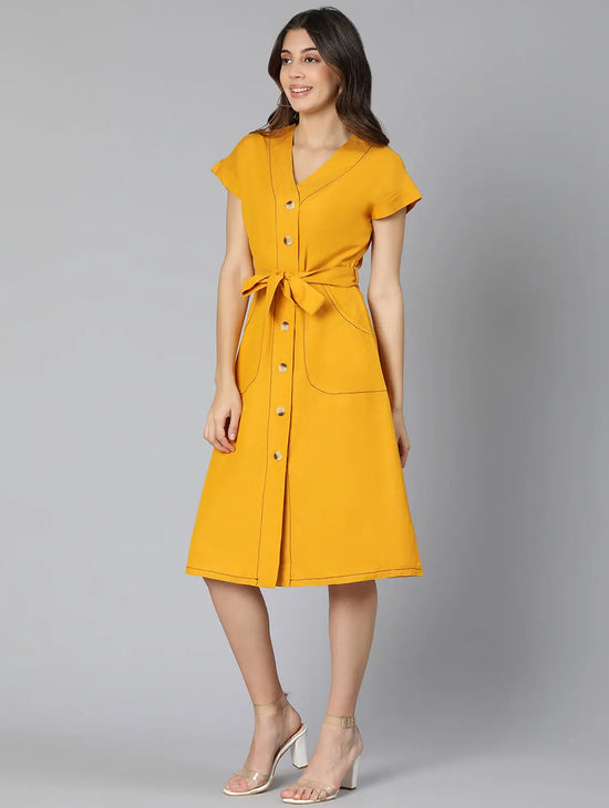 Mustard Color Linen Blend Meld Women Tie-Knot Dress