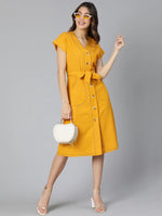 Mustard Color Linen Blend Meld Women Tie-Knot Dress