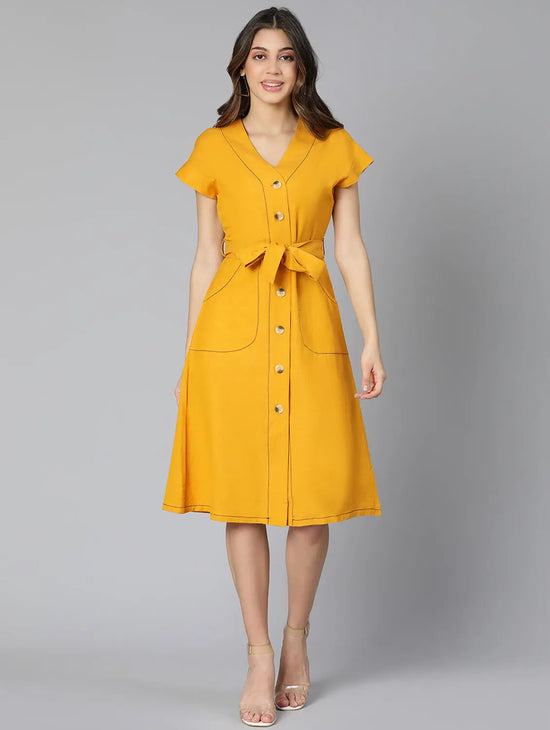 Mustard Color Linen Blend Meld Women Tie-Knot Dress