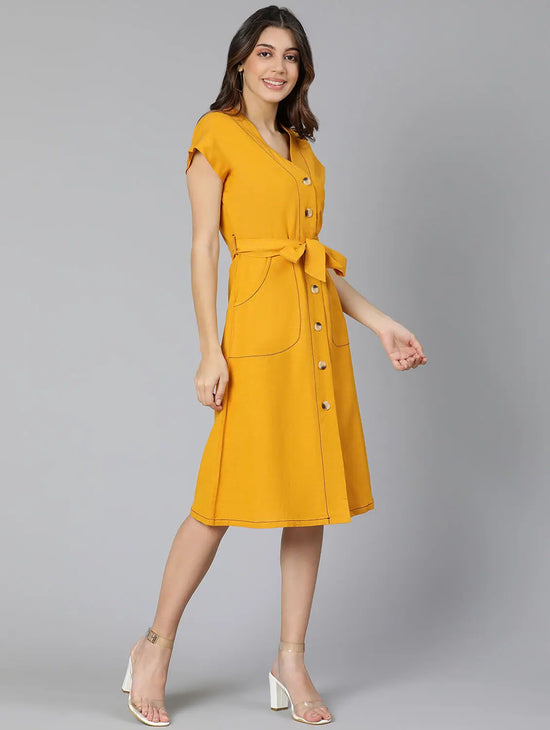 Mustard Color Linen Blend Meld Women Tie-Knot Dress