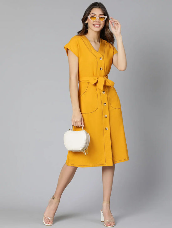 Mustard Color Linen Blend Meld Women Tie-Knot Dress