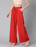 Red Color Linen Blend Meld Women Pant