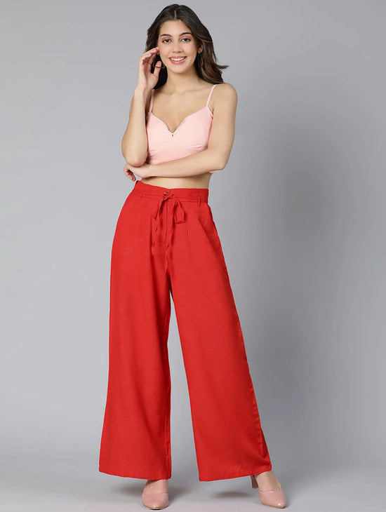 Red Color Linen Blend Meld Women Pant