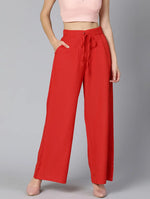 Red Color Linen Blend Meld Women Pant