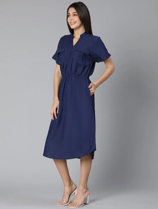 Zubanic Navy Blue Women Long Linen Blend Dress