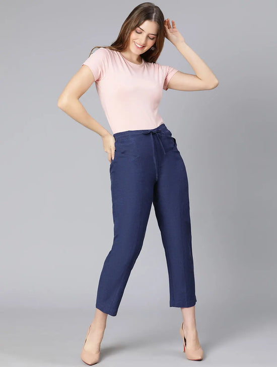 Treasure Blue Linen Blend Meld Women Tie-Knot Pant