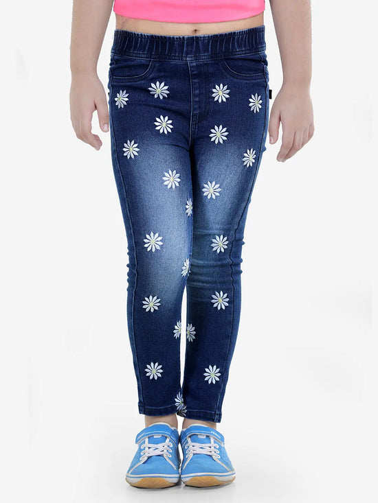 Naughty Ninos Girls Solid Floral Embroidered Denim Jeggings