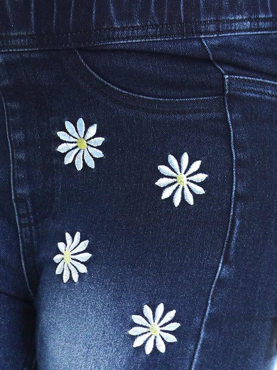 Naughty Ninos Girls Solid Floral Embroidered Denim Jeggings