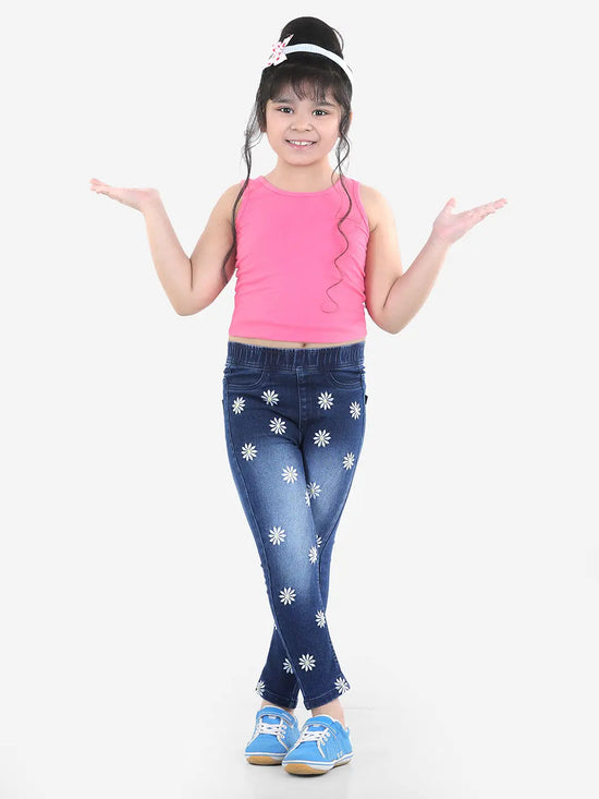 Naughty Ninos Girls Solid Floral Embroidered Denim Jeggings