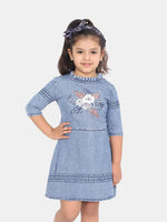 Naughty Ninos Girls Denim Embroidered Fit and Flare Dress