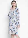 Flared Blue Floral Print Elasticated Women Dress