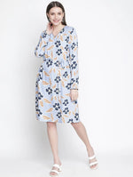 Flared Blue Floral Print Elasticated Women Dress