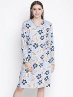 Flared Blue Floral Print Elasticated Women Dress