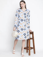 Flared Blue Floral Print Elasticated Women Dress