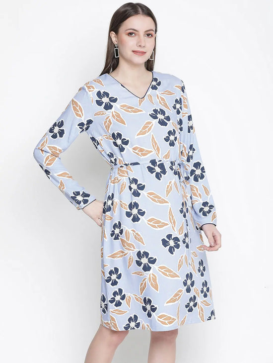 Flared Blue Floral Print Elasticated Women Dress