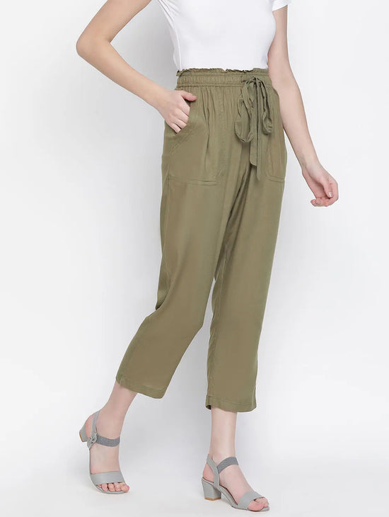 Leafed Out Solid Green Elasticated Women Pant