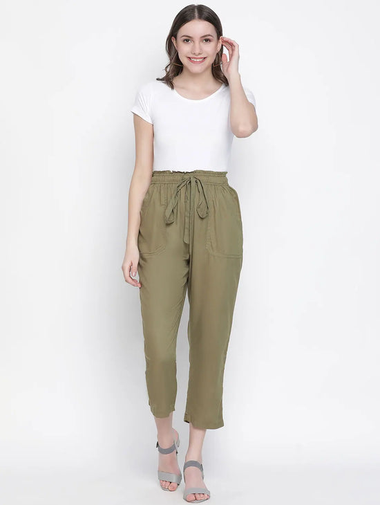 Leafed Out Solid Green Elasticated Women Pant