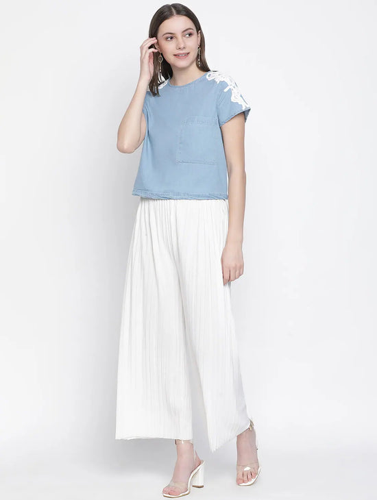 Lightblue Denim Crop Patch Lace Top