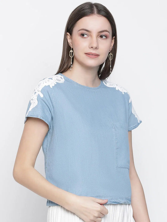 Lightblue Denim Crop Patch Lace Top