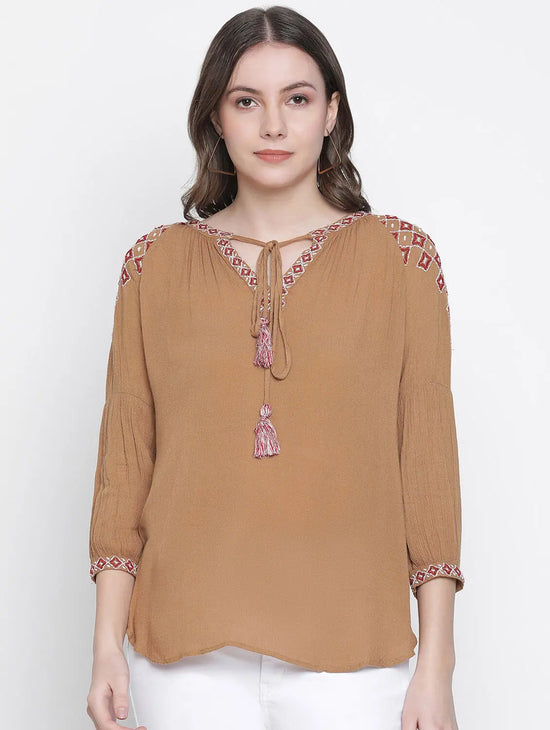 Bapple Brown Embroidery Women Top