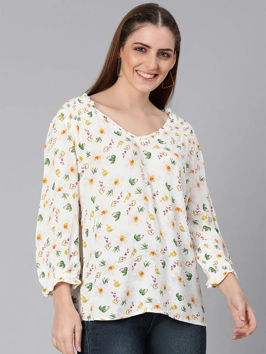 Solace White Floral Print Women Top