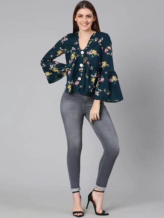 Bles Green Floral Print Women Top