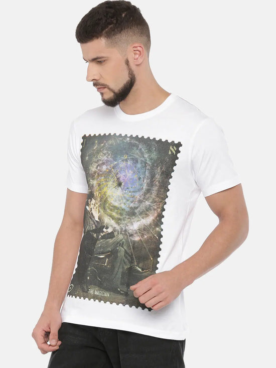 White Printed Round Neck Cotton T-shirt Regular Fit