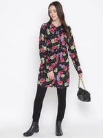 Black Floral Print Button-Down Women Gathered Tunic