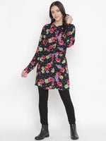 Black Floral Print Button-Down Women Gathered Tunic