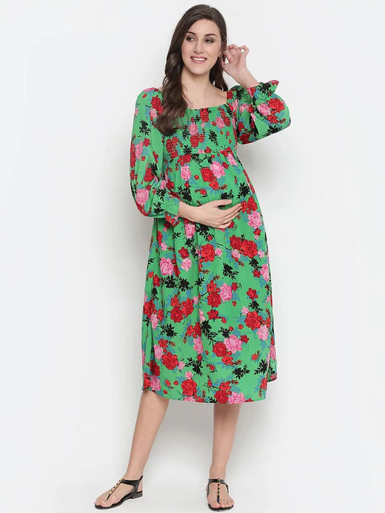 Oxolloxo Denser Green Floral Print Smocking Comfy Maternity Dress