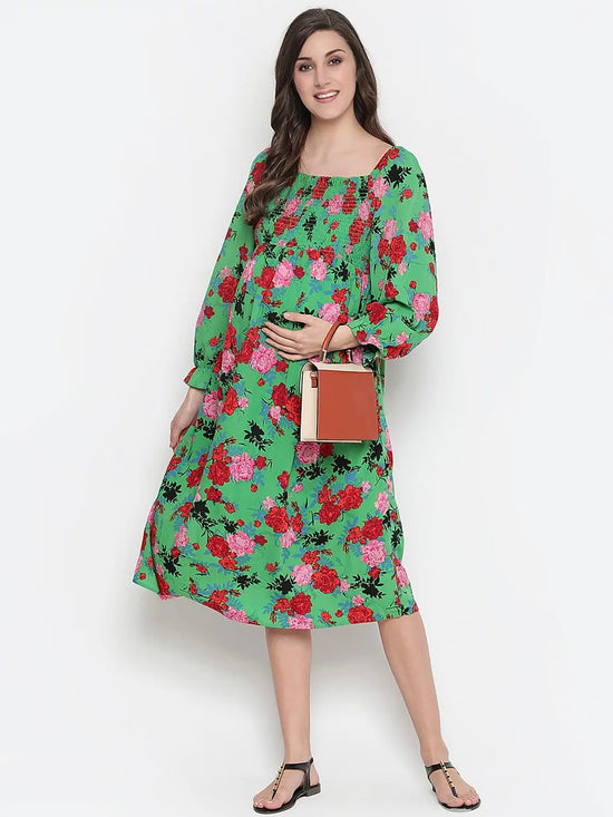 Oxolloxo Denser Green Floral Print Smocking Comfy Maternity Dress