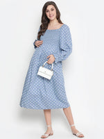 Oxolloxo Bleed Blue Smocking Polka Print Comfy Maternity Dress