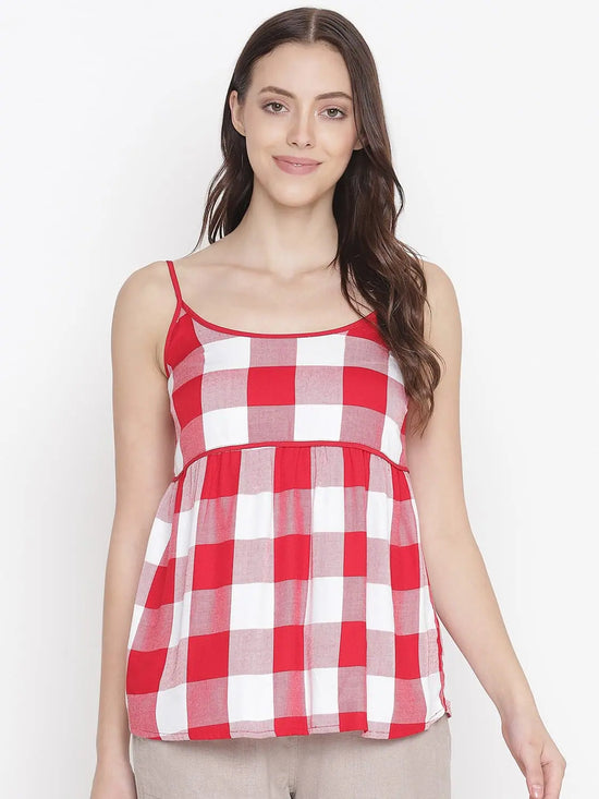 Brezzy Red Check Print Women Nightwear Strap Top