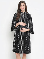 Oxolloxo Prime Black Dot Print Elegant Flared Maternity Dress