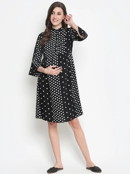 Oxolloxo Prime Black Dot Print Elegant Flared Maternity Dress