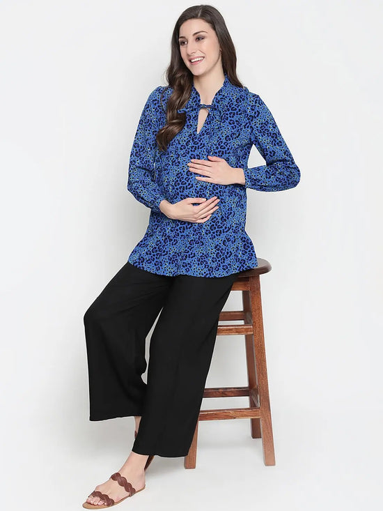 Oxolloxo Fanciful Blue Floral Print Tie-Knot Maternity Tunic