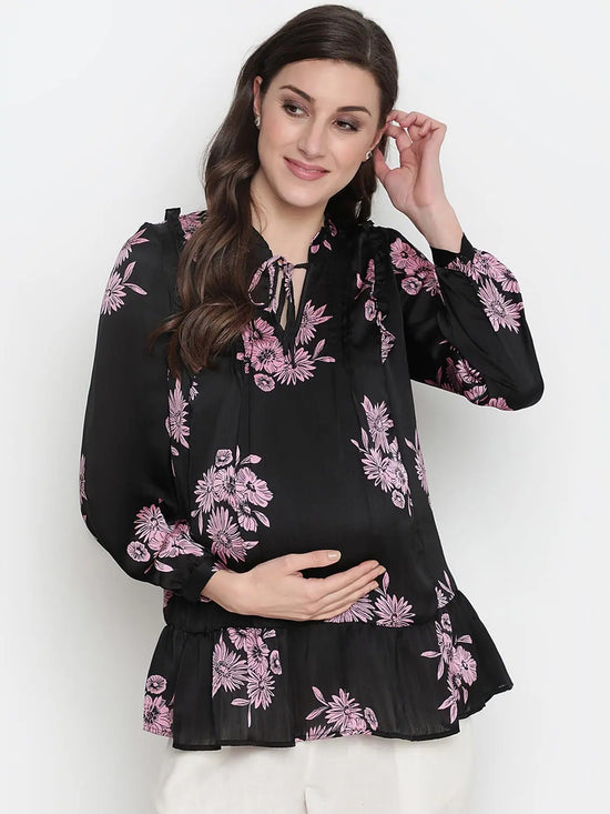 Oxolloxo Purple Flower Print Tie -Knot Maternity Tunic