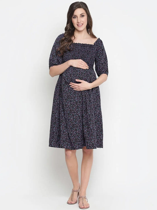 Oxolloxo Coca Black Printed Ruffled Maternity Smocked Dress