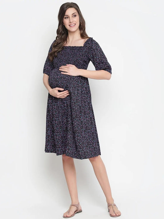 Oxolloxo Coca Black Printed Ruffled Maternity Smocked Dress