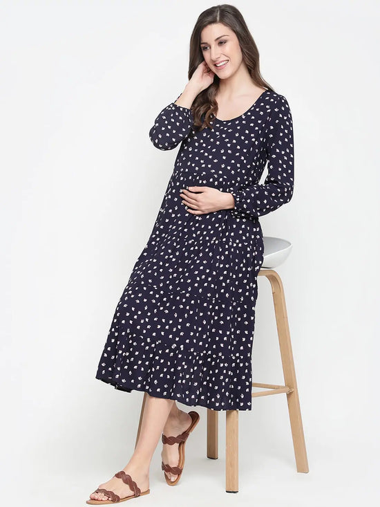 Oxolloxo Fancy Blue Polka Print Easy Maternity Dress