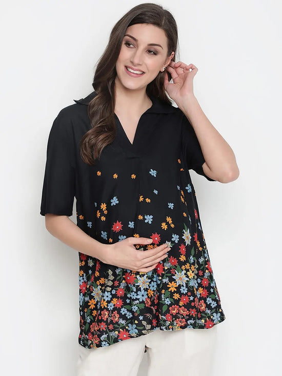 Oxolloxo Luxious Black Colorful Border Print Maternity Top